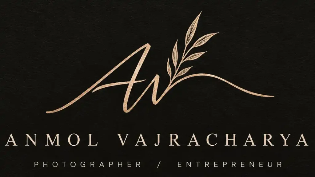 A logo of an entrepreneur and photographer. It is a short form, A represent Anmol and V represents Vajracharya. The leaf and branch is to promote sustainable and nature.