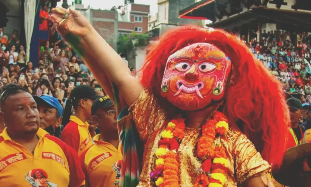 Lakhe deity performing during Indra Jatra festival in Kathmandu, Nepal